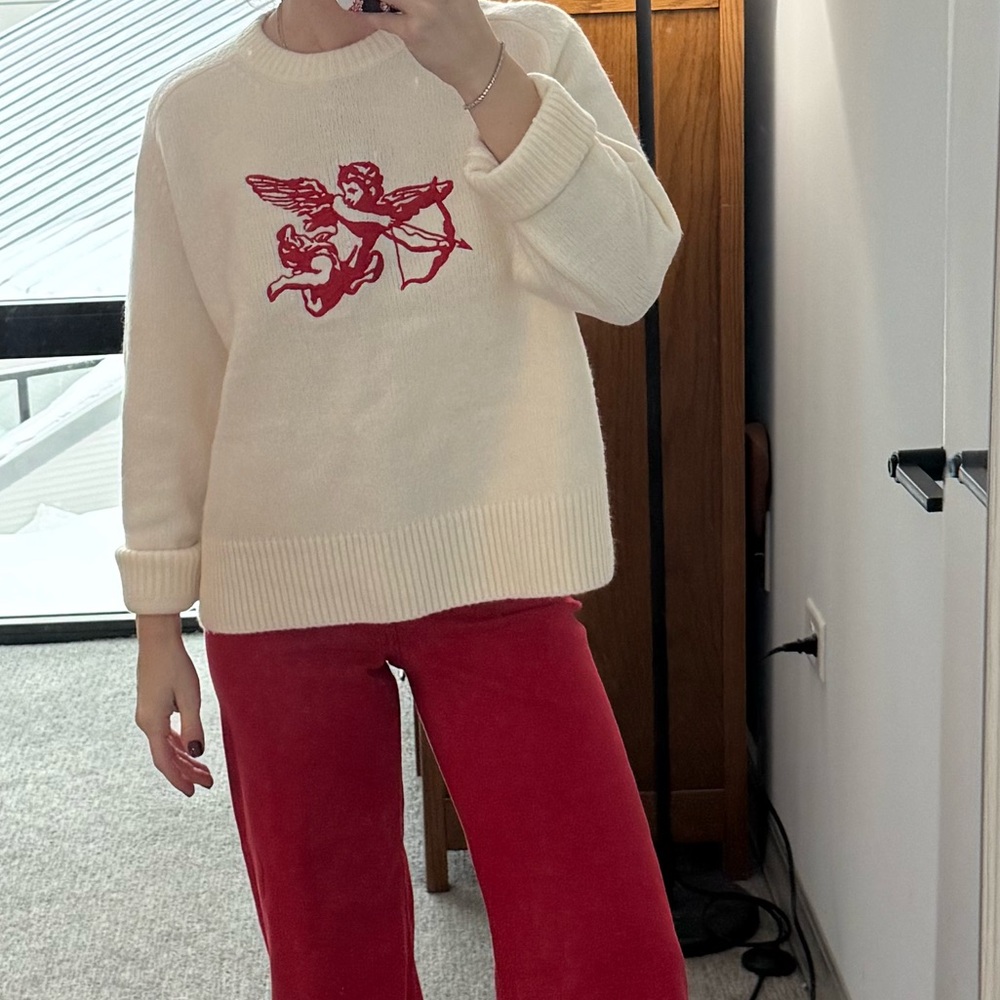 Cream Sweater with Embroidered Red Cupid 
Perfect for Valentines Day